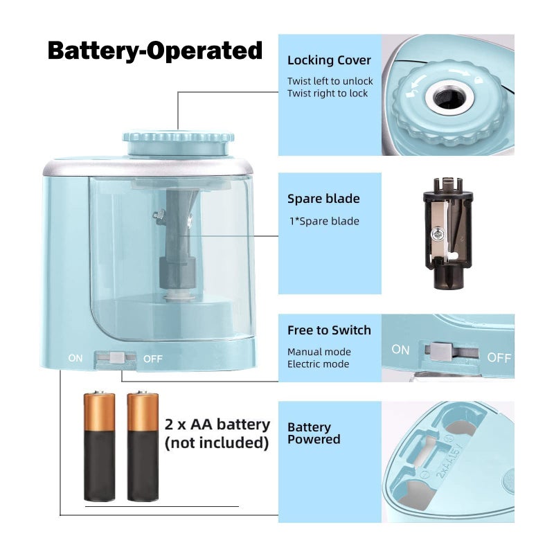 Aogwat Pencil Sharpener Electric Pencil Sharpener for Kids, Blade to Fast Sharpen, Suitable for No.2/School/Classroom/Office/Home (Blue) - Image 2