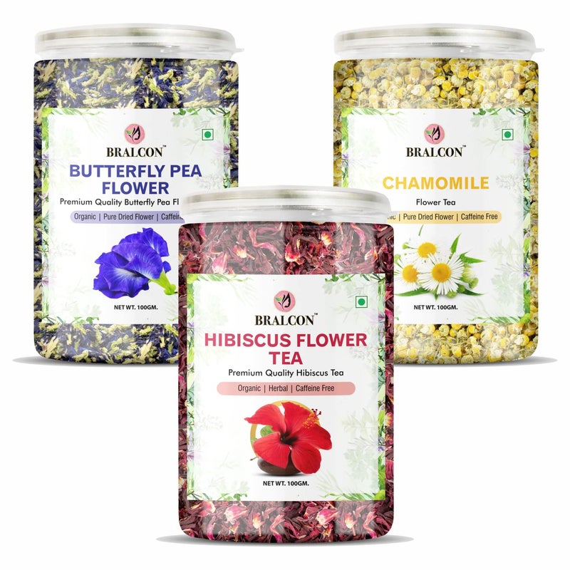 BRALCON Organic Herbal Tea Combo Pack- Butterfly Pea Flower Tea, Hibiscus Flower Tea, Chamomile Flower Tea- 300g(100g x 3 Pack) | Blue Pea Tea | Premium Hibiscus Tea | Chamomile Tea| Boost Immunity - Image 1