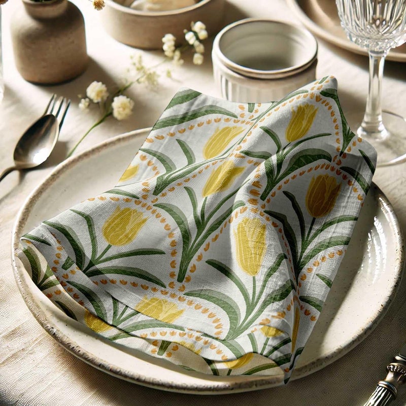 Vargottam White Cotton Muslin Napkins - Set of 12, 20x20 Inches, Elegant Yellow Tulip Print, Perfect for Spring Celebrations, Tea Parties, and Daily Dining - Machine Washable - Image 3