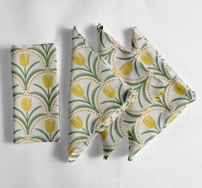Vargottam White Cotton Muslin Napkins - Set of 12, 20x20 Inches, Elegant Yellow Tulip Print, Perfect for Spring Celebrations, Tea Parties, and Daily Dining - Machine Washable - Image 1