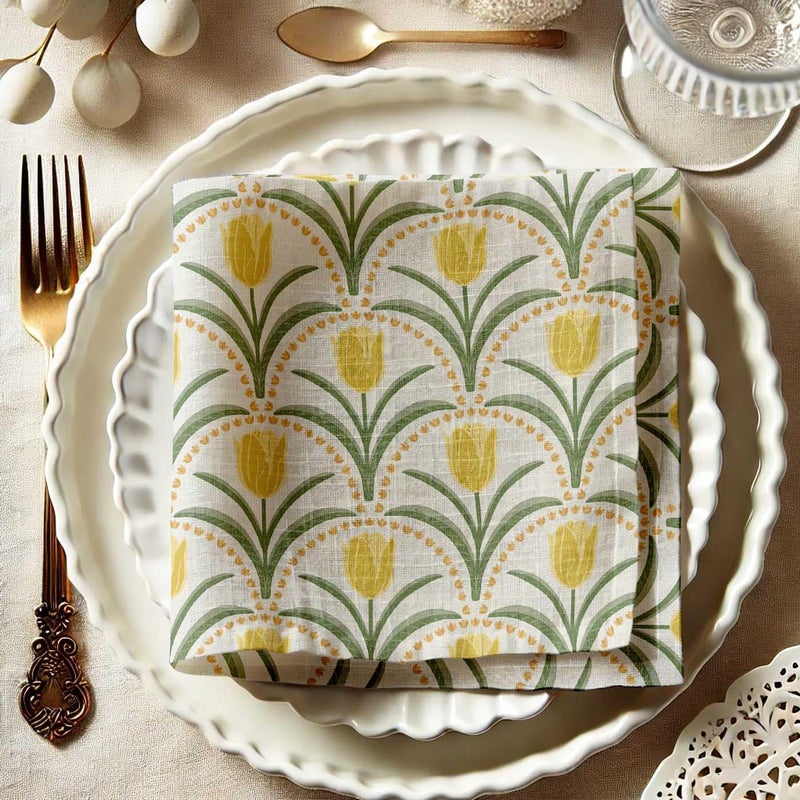 Vargottam White Cotton Muslin Napkins - Set of 12, 20x20 Inches, Elegant Yellow Tulip Print, Perfect for Spring Celebrations, Tea Parties, and Daily Dining - Machine Washable - Image 5