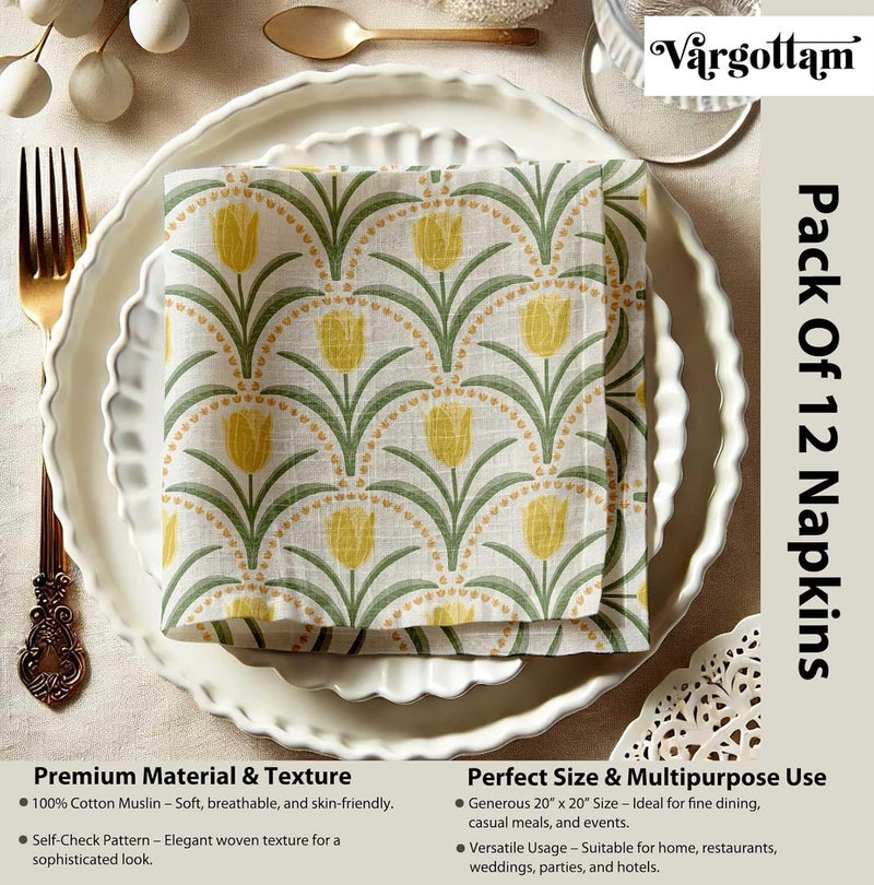 Vargottam White Cotton Muslin Napkins - Set of 12, 20x20 Inches, Elegant Yellow Tulip Print, Perfect for Spring Celebrations, Tea Parties, and Daily Dining - Machine Washable - Image 4