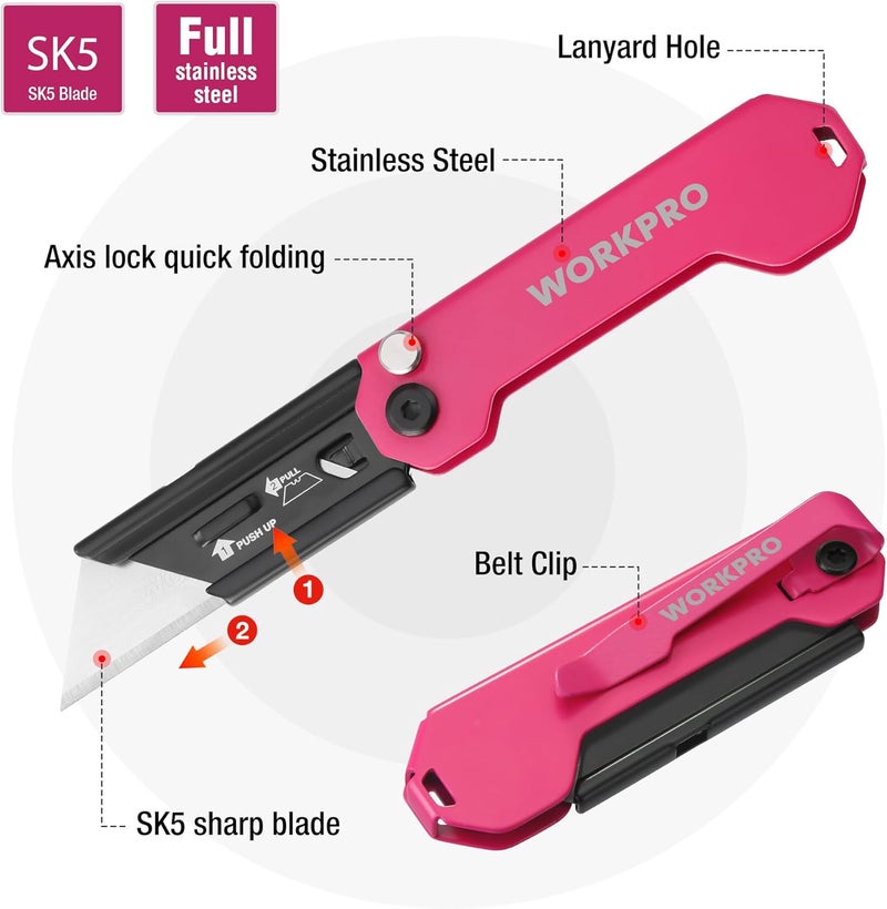WORKPRO EDC Folding Utility Knife, Mini Box Cutter with Quick Open Axis Lock, Quick Change Blade Razor Knife, Foldable Small Pocket Knife with Belt Clip - Image 3