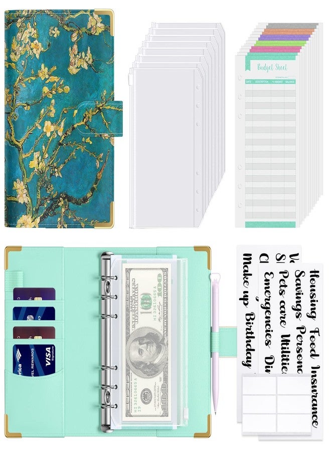 Rnivvi Budget Binder with Zipper Envelopes, A6 Money Saving Binder Cash Envelopes for Budgeting, PU Leather Budget Planner Money Organizer for Cash Bills, Floral Budget Wallet for Women, Blue Flower - Image 1