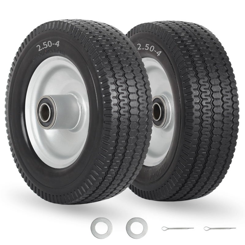 GICOOL 8-Inch Flat-free Tire, 2.50-4 Solid Tire and Wheel, 5/8" Bearings, 2.2" Offset Hub for Hand Truck Garden Wagon Trolley Dolly Replacement, 2 Pack - Image 1