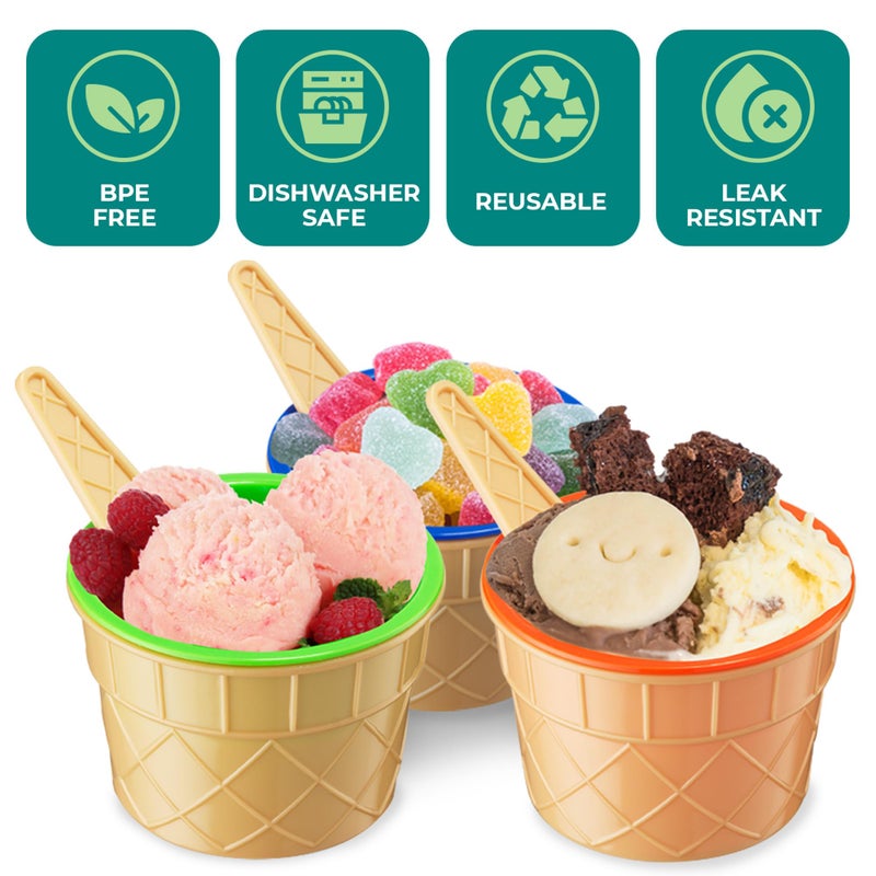 JoyServe Ice Cream Bowls and Spoons Set - (Pack of 12) Reusable Plastic Ice Cream Cups and Waffle Cone Shaped Spoons for Dessert, Frozen Yogurt, Gelato, Birthday Party Decorations - Image 4
