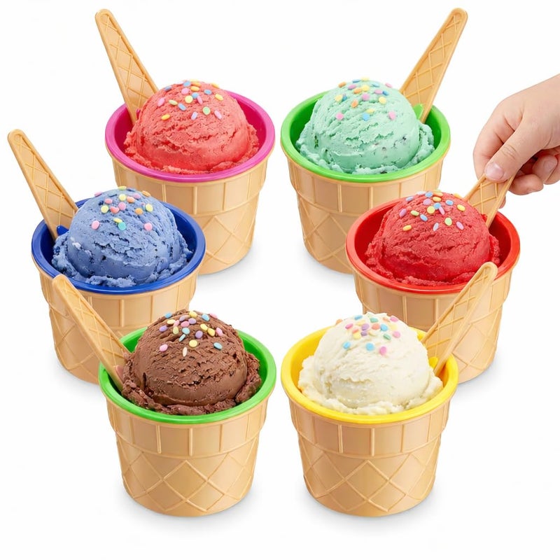 JoyServe Ice Cream Bowls and Spoons Set - (Pack of 12) Reusable Plastic Ice Cream Cups and Waffle Cone Shaped Spoons for Dessert, Frozen Yogurt, Gelato, Birthday Party Decorations - Image 1
