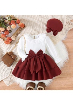 Generic Baby Girl Princess Dress with Bow and Lace Collar, Maroon Skirt, Hat Set for 12-18 Months, Perfect for Special Occasions  - Image 1