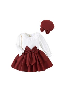Generic Baby Girl Princess Dress with Bow and Lace Collar, Maroon Skirt, Hat Set for 12-18 Months, Perfect for Special Occasions  - Image 5