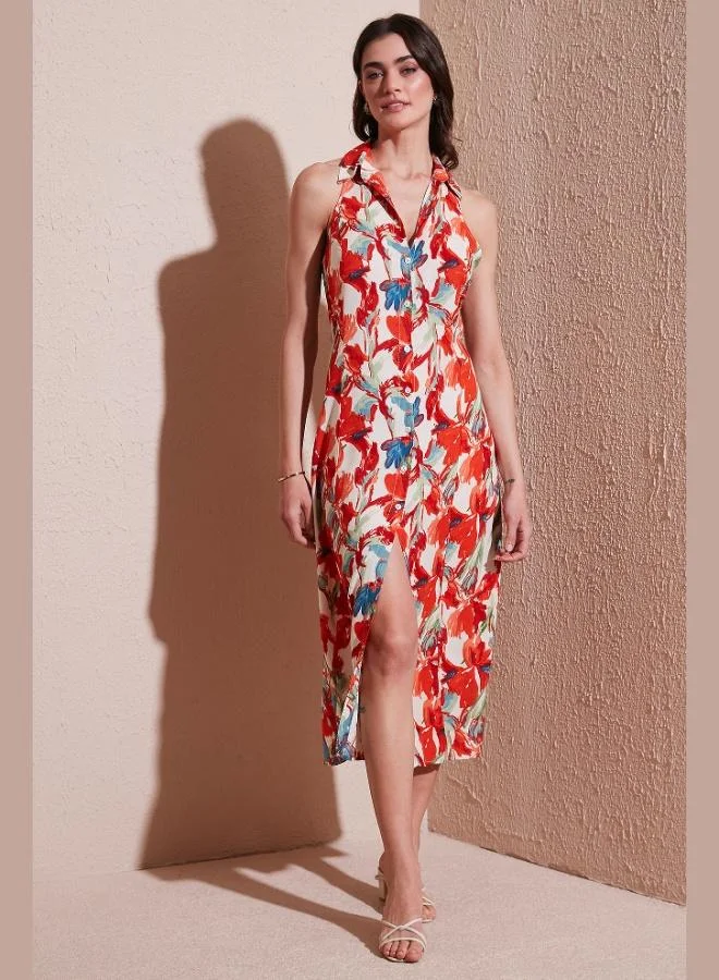 Lela Lela Patterned Slim Fit Buttoned Midi Length Shirt Dress Women's DRESS 6772451