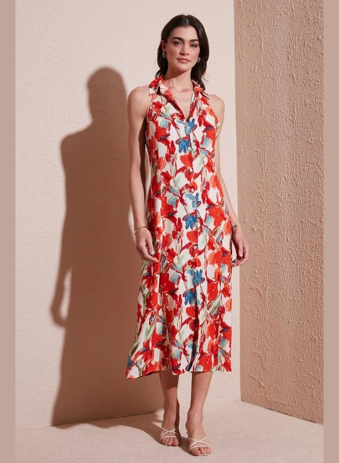 Lela Lela Patterned Slim Fit Buttoned Midi Length Shirt Dress Women's DRESS 6772451