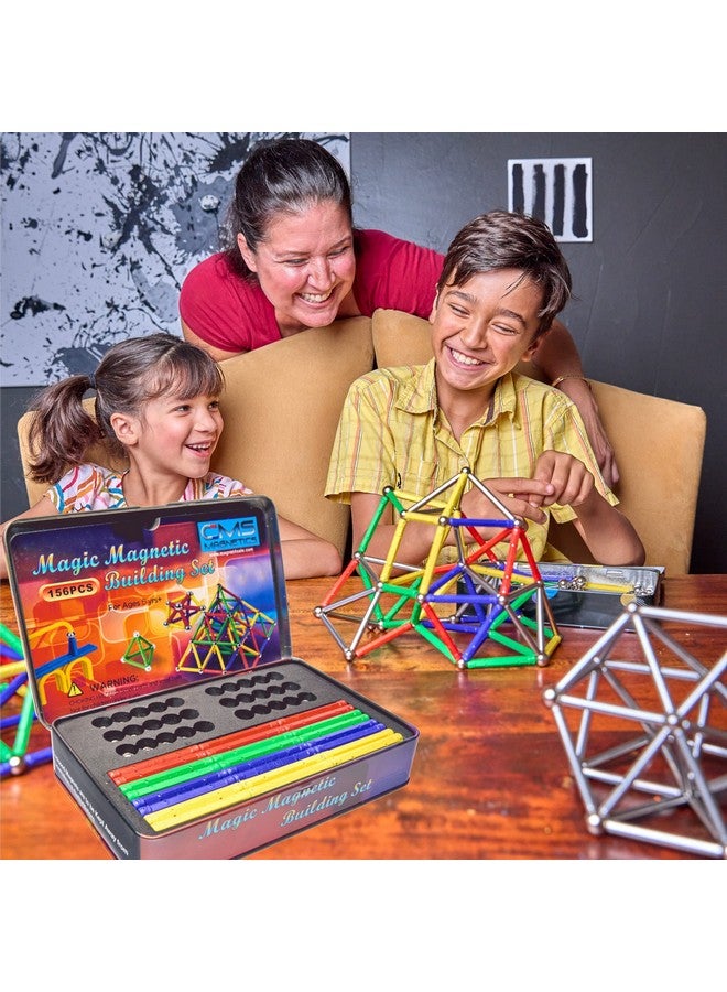 CMS MAGNETICS - (156-Piece Multi-Color Magnet Building Toy Tin Box Case Construction Sticks Set STEM Educational Learning Activity for Brain Development, Creativity, Imagination, Attention Span - Image 1