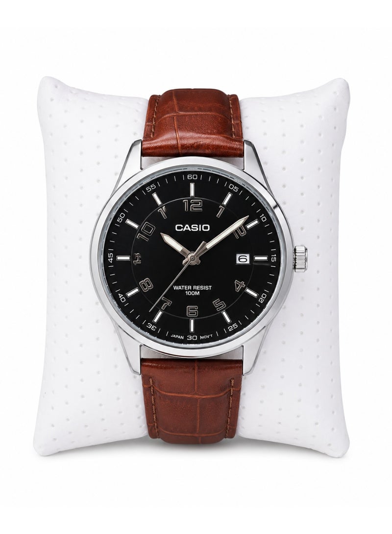 Casio Men's Analog Watch with Brown Leather Strap and Black Dial, 100m Water Resistant