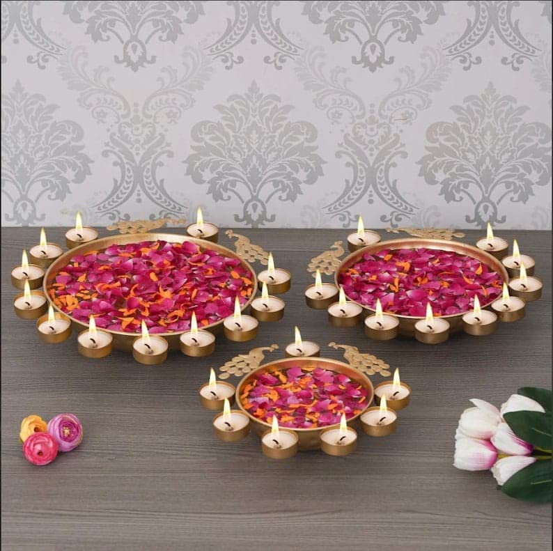 NATURALS EXPORT Urli Diya 3pcs Peacock Urli Bowl Diwali Decor Peacock Urli Diwali Diya Golden Candle Holder Tealight Candle Holder Pooja Diya Urli 12 14 16 - Image 1