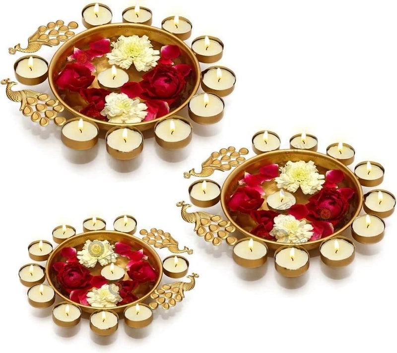 NATURALS EXPORT Urli Diya 3pcs Peacock Urli Bowl Diwali Decor Peacock Urli Diwali Diya Golden Candle Holder Tealight Candle Holder Pooja Diya Urli 12 14 16 - Image 2