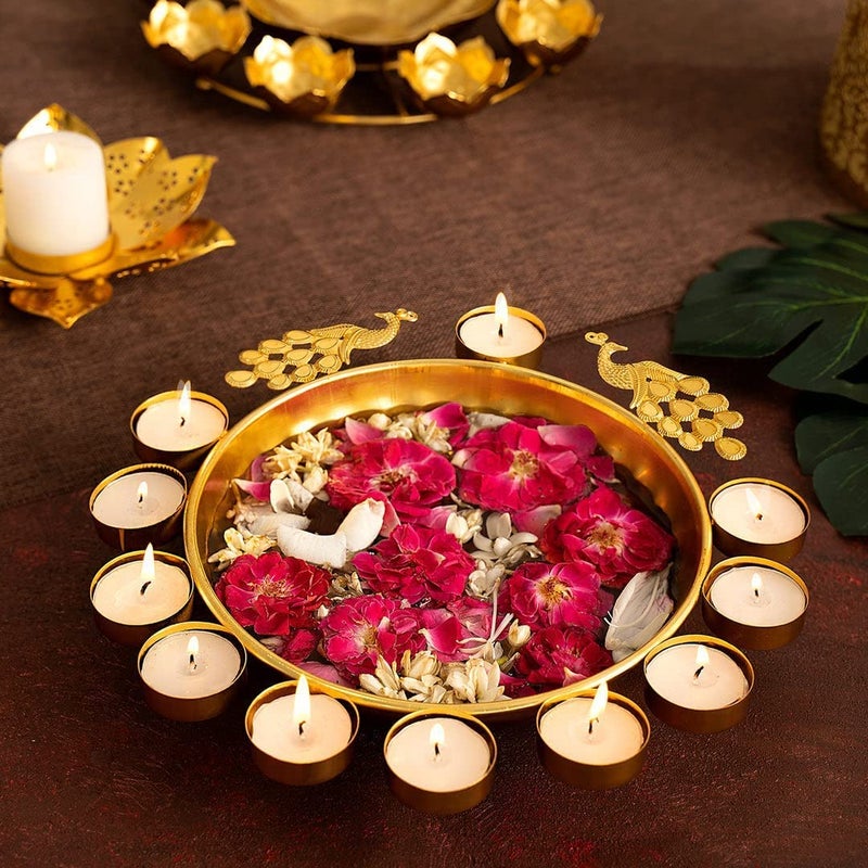 NATURALS EXPORT Urli Diya 3pcs Peacock Urli Bowl Diwali Decor Peacock Urli Diwali Diya Golden Candle Holder Tealight Candle Holder Pooja Diya Urli 12 14 16 - Image 3