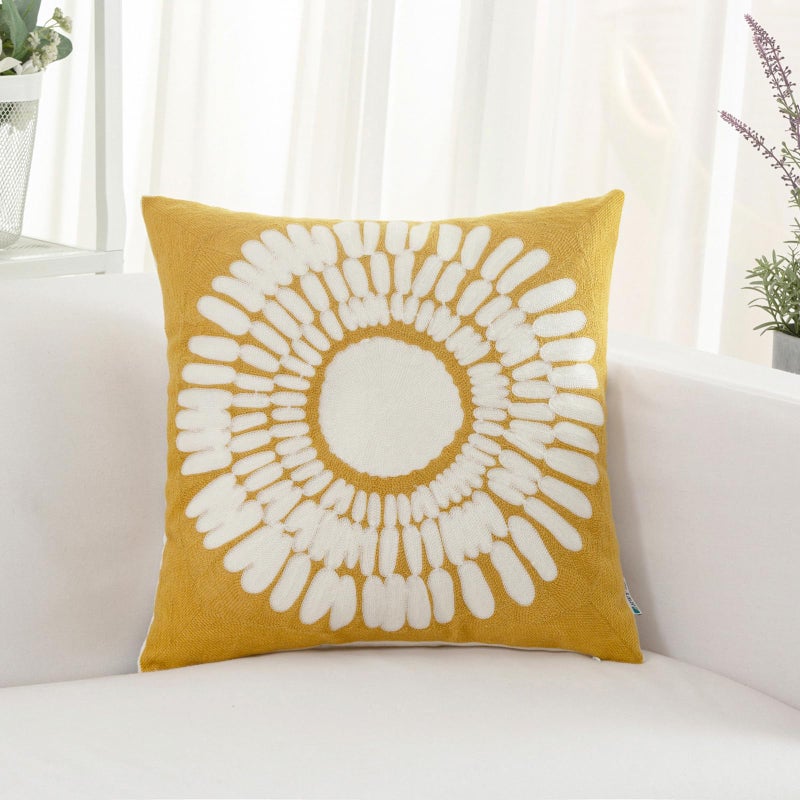 HWY 50 Mustard Yellow Decorative Throw Pillow Covers 18x18 Inch 1 Piece Embroidered Cotton Modern Farmhouse Cushion Cover Pillow Case for Sofa Couch Living Room Bed Sunflower