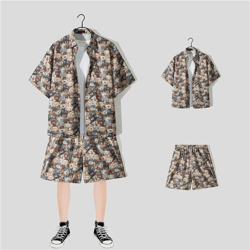 Generic Casual Beach suit Mens Summer Thin Loose Handsome Seaside Clothes Hawaiian Shorts Flower Shirt Two-piece Pack 2162 suit 