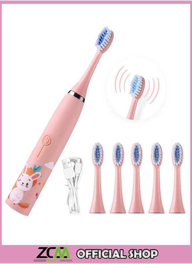 ZCM-HAPPY - Ultrasonic Electric Children's Toothbrush Super Soft Waterproof Teeth Cleaning Artifact USB Charging with 6 Heads Electric Toothbrush for Kids Kids Dental Hygiene Product - Image 1