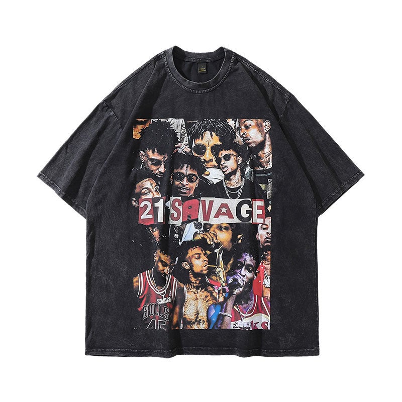 American-Style High Street Trendy Brand Vintage Printed Washed Distressed Short-Sleeved T-Shirt For Men And Women Vibe Lazy Style Half-Sleeved Tee - Image 1