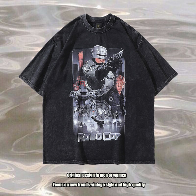 American-Style High Street Trendy Brand Vintage Printed Washed Distressed Short-Sleeved T-Shirt For Men And Women Vibe Lazy Style Half-Sleeved Tee - Image 2