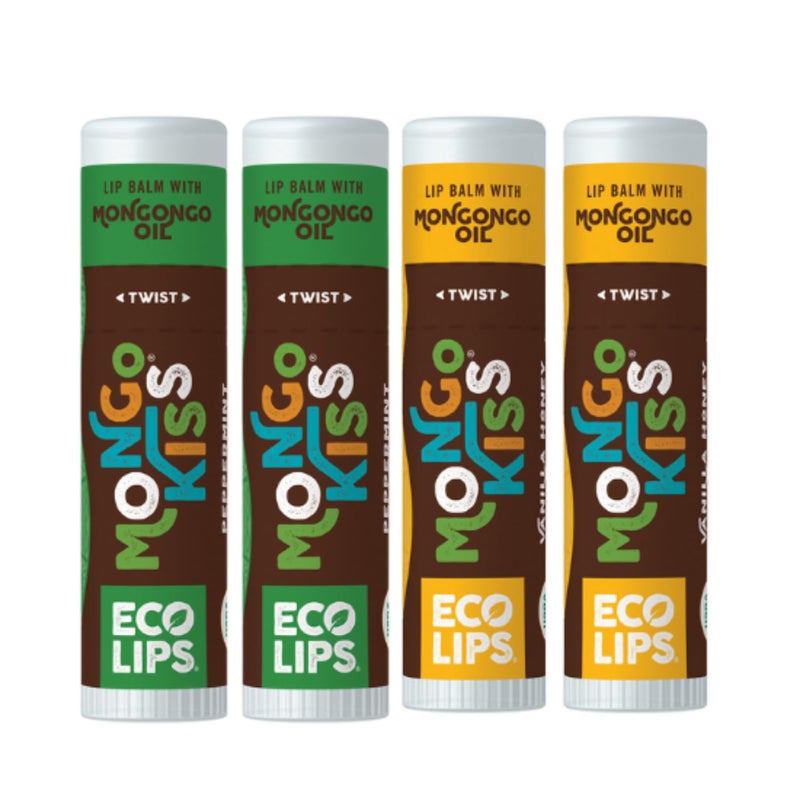 Eco Lips Mongo Kiss Organic Lip Balm 4 Pack - 100 Percent USDA Organic - Soothe, Moisturize Dry, Cracked and Chapped Lips - Made in USA (Peppermint & Vanilla Honey)