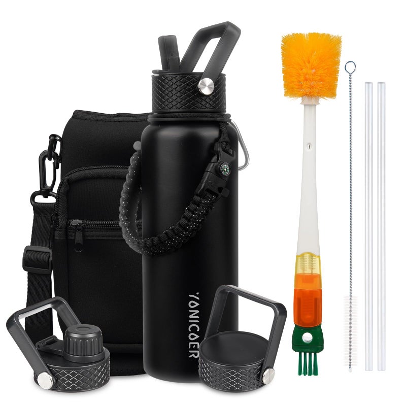 YONICOER Insulated Water Bottle 40oz,Triple Wall Vacuum Stainless Steel(Dishwasher Safe),Leak Proof & Non-BPA,Flask Jug with Paracord Handle & Straw Spout Lids Sports Black - Image 1