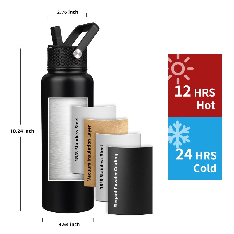 YONICOER Insulated Water Bottle 40oz,Triple Wall Vacuum Stainless Steel(Dishwasher Safe),Leak Proof & Non-BPA,Flask Jug with Paracord Handle & Straw Spout Lids Sports Black - Image 2