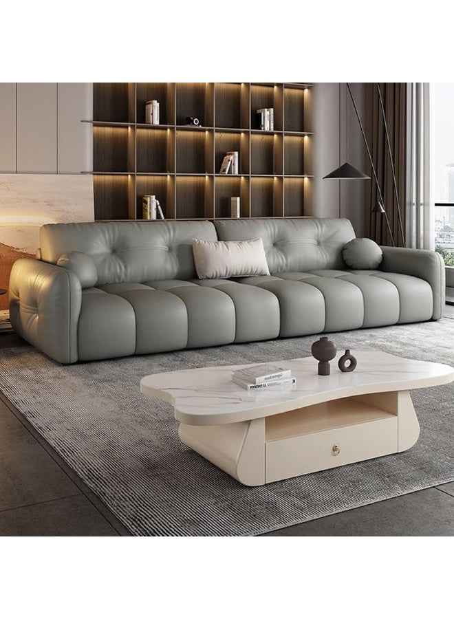 Zayn comforts Tufted Faux Leather Modern Standard Sofa with Square Arm for Home 240x100x85cm (Light Grey) - Image 1