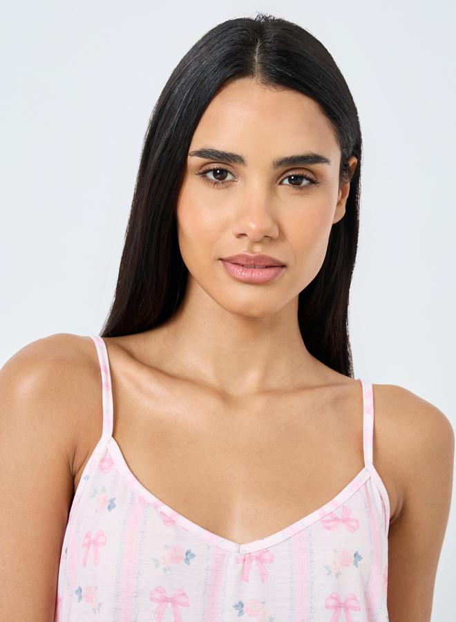 Styli Linear Bow Print V Neck Slip Dress - Image 3