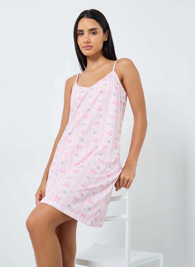 Styli Linear Bow Print V Neck Slip Dress - Image 1