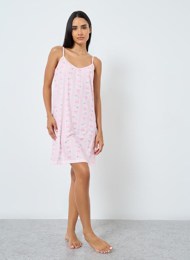 Styli Linear Bow Print V Neck Slip Dress - Image 2