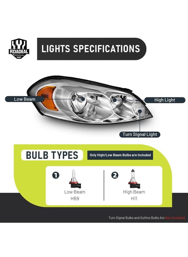 ROADEAL Headlights W/Bulbs for 2006-2013 Chevy Impala, 2006-2007 Chevy Monte Carlo, 2014-2016 Chevy Impala Limited Halogen Headlamp Replacement Driver & Passenger Side - Image 3