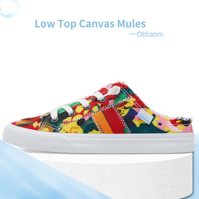 Obtaom Women Tie Dye Canvas Mules Memory Foam Clipper Fashion Sneakers Comfortable Multi Slip-On Mule Backless Holiday Shoes(Red/Floraï¼ŒUS9) - Image 3