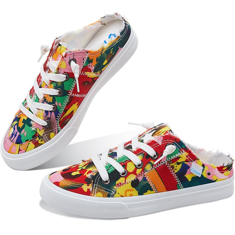 Obtaom Women Tie Dye Canvas Mules Memory Foam Clipper Fashion Sneakers Comfortable Multi Slip-On Mule Backless Holiday Shoes(Red/Floraï¼ŒUS9) - Image 1