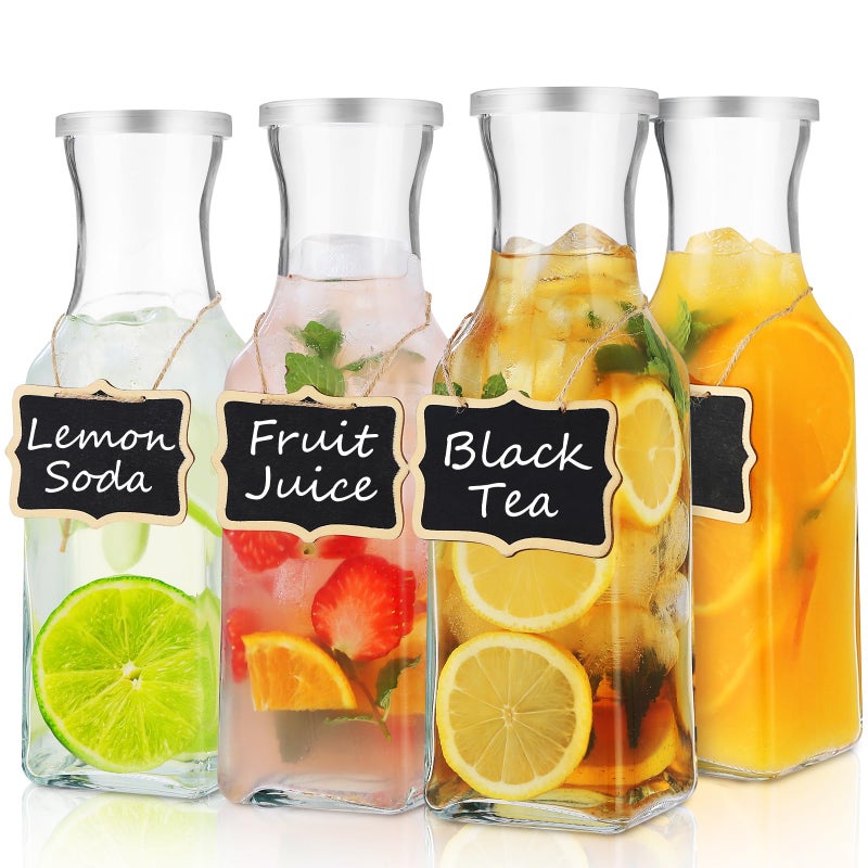 SIPOMU Glass Carafe with Lid, 4Pcs Square Glass Carafe Juice Containers 1 Liter Clear Glass Pitcher Drink Dispensers for Beverage Cold Water Juice Milk Iced Tea Wine Dishwasher Safe - Image 1