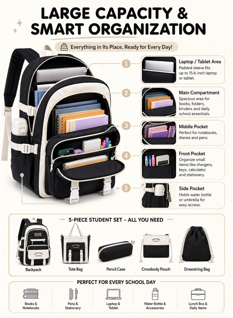 School Bag for Girls, 5-Piece Kids Backpack Set, Lightweight Design, Includes Lunch Bag, Pencil Case, Handbag & Coin Purse - Image 3