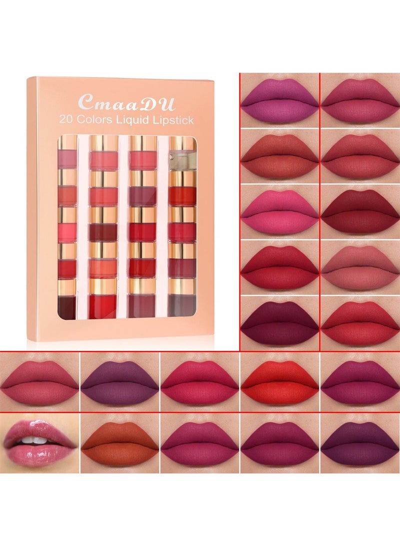 20 Colors Liquid Lipstick Set, Matte Velvet Long Lasting High mented Non-Stick Cup No Fade Waterproof Lip Gloss Set for Girls Women, Makeup Gift Set - Image 1