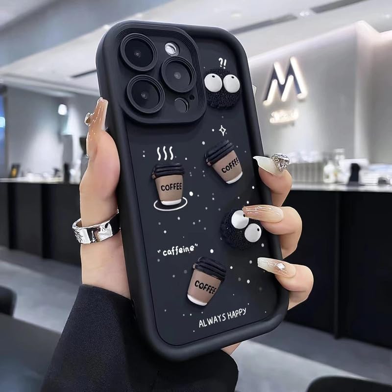 COVERLY Back Case Cover Compatible with iPhone 16 Pro | Cute Fun Cartoon Characters 3D Ball Coffee Cookies Lovers Silicone Case | Body Protection | 360 Camera Protection | Shock Proof | (Happy Black) - Image 1