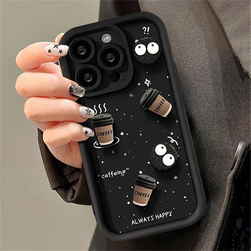 COVERLY Back Case Cover Compatible with iPhone 16 Pro | Cute Fun Cartoon Characters 3D Ball Coffee Cookies Lovers Silicone Case | Body Protection | 360 Camera Protection | Shock Proof | (Happy Black) - Image 2