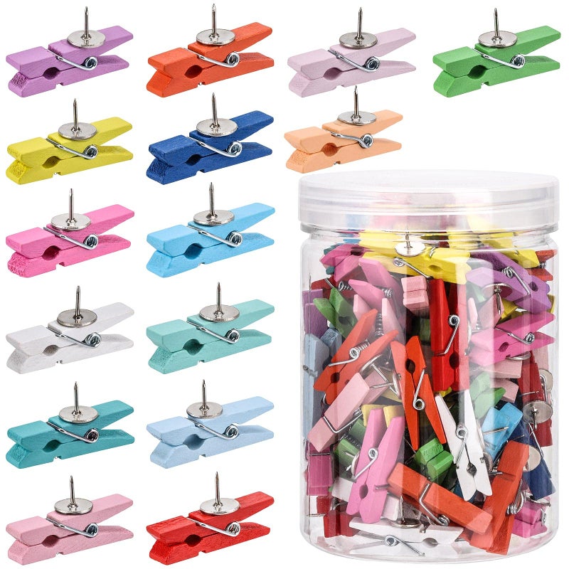 100Pcs Push Pin with Wooden Clips Tacks for Cork Board Artwork for Bulletin Board Crafts Arts Projects Photo SuppliesColorful