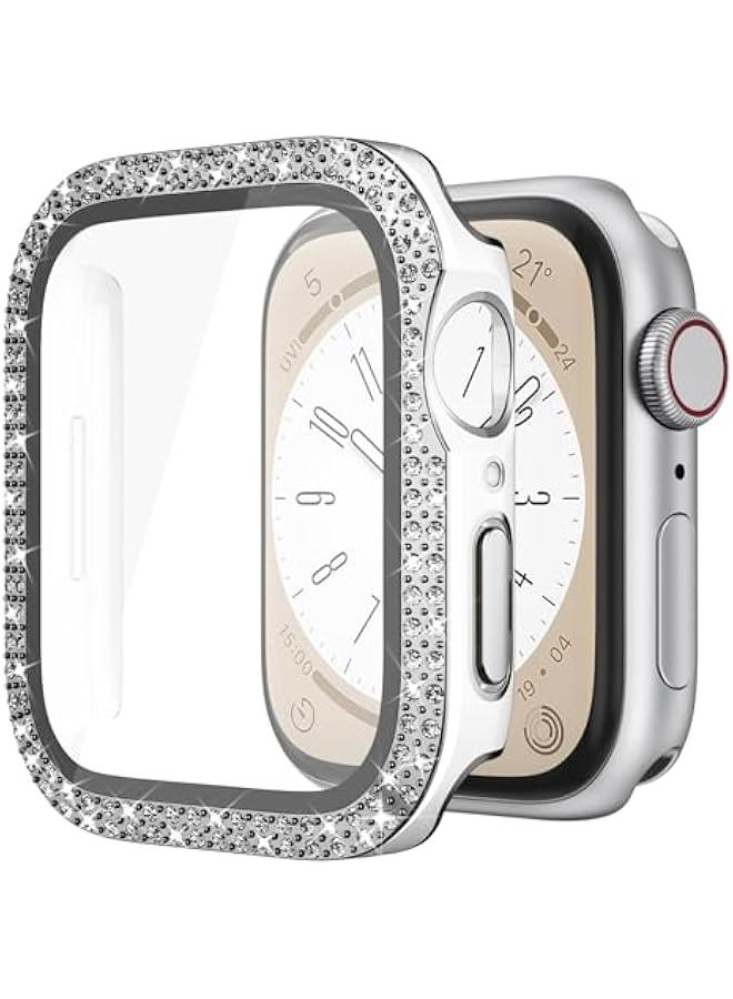 Compatible for Apple Watch Case Built in Tempered Glass Screen Protector 41mm Series 9 8 7 Crystal Diamond Rhinestone Bling Cases iWatch Protective Cover for Women Girls, White+Silver Edge