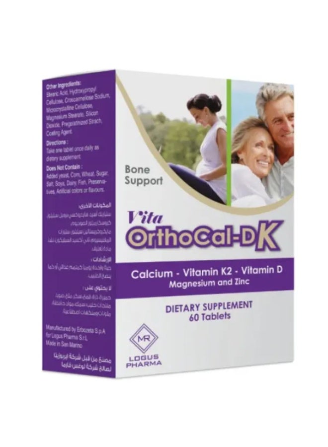 Vita OrthoCal-DK Bone Support Supplement-Calcium, Magnesium, Zinc, Vitamin D3, and Vitamin K2 in one tablet,-60 tabs
