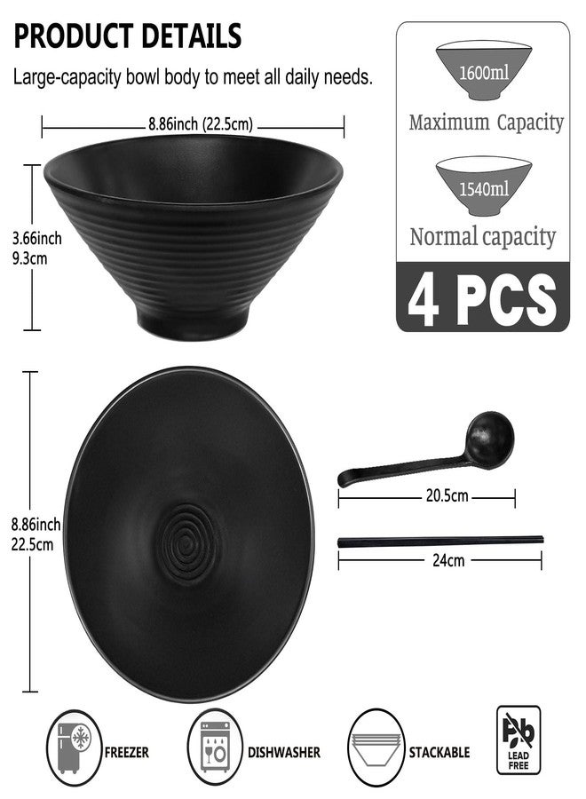 Greentainer Set of 4 Ramen Bowl Set, Melamine Large Japanese Style Noodle Soup Bowls Set with Spoons and Chopsticks for Ramen, Pho, Noodles, Asian Dishes Black,Large Bowl for Adults| Dishwasher Safe (Black 8.7in) - Image 2