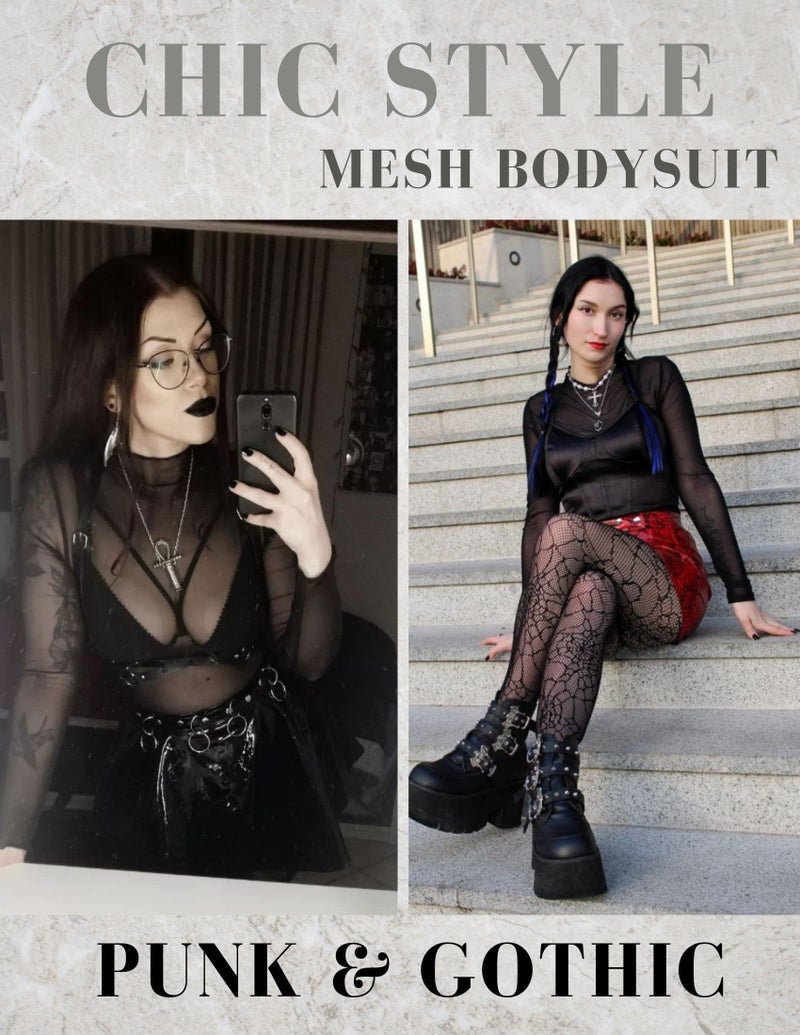 Avidlove Sexy Mesh bodysuit for Women Black Long Sleeve Bodysuit Round Neck Sheer Leotards Sexy Tops Snap Crotch Black Large - Image 4