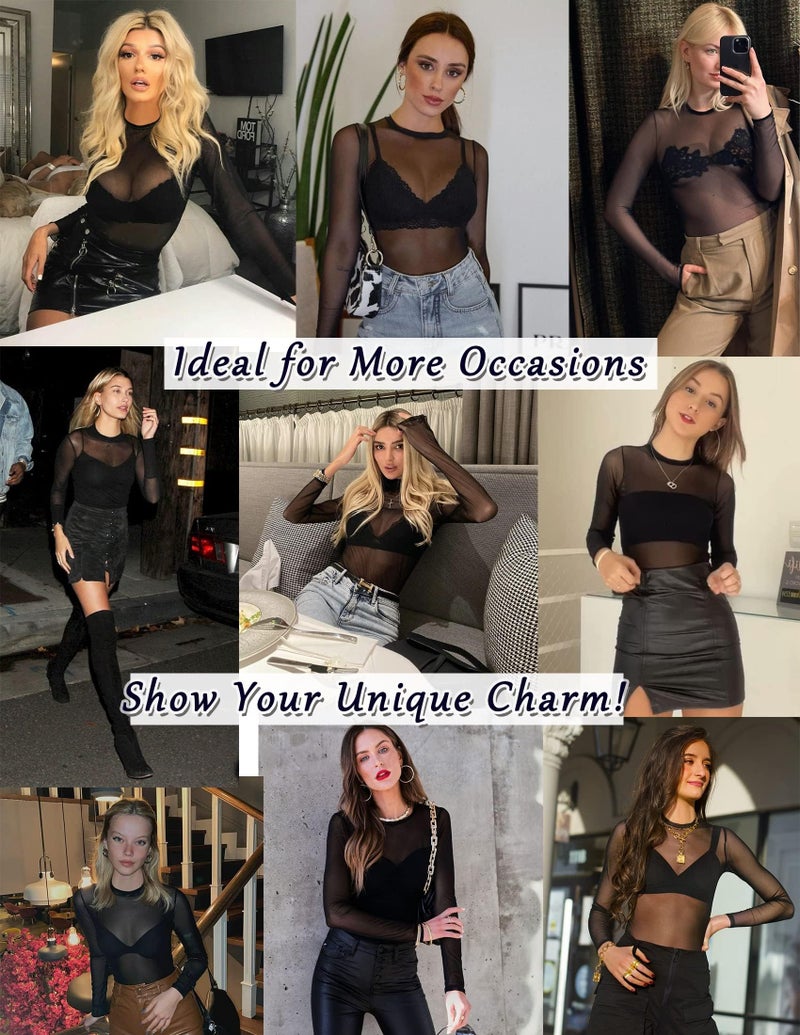 Avidlove Sexy Mesh bodysuit for Women Black Long Sleeve Bodysuit Round Neck Sheer Leotards Sexy Tops Snap Crotch Black Large - Image 2