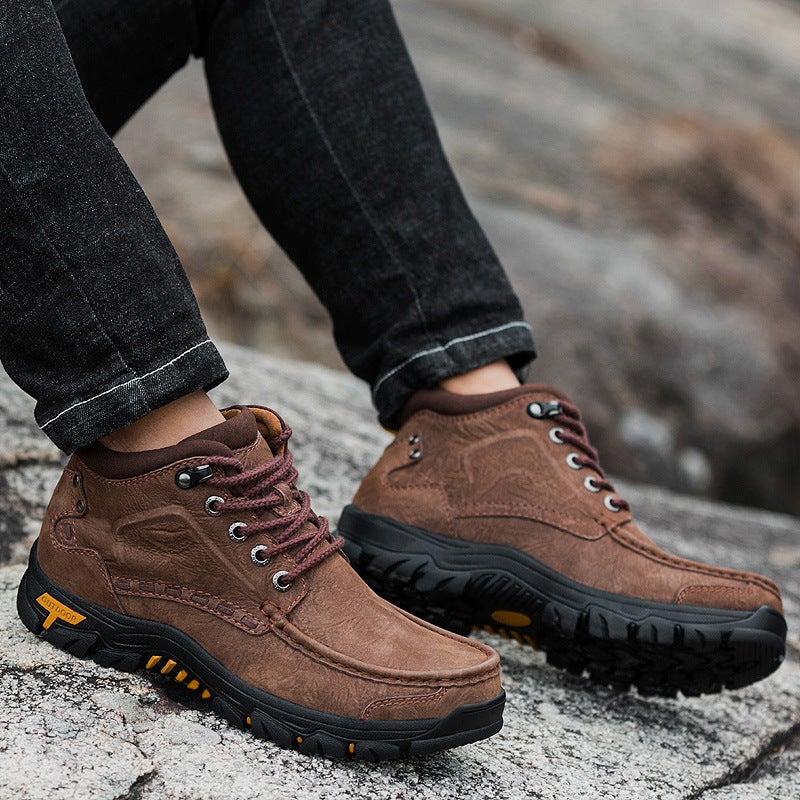 Winter Fleece-Lined Warm Outdoor Casual Cotton-Padded Shoes Sports Mountaineering Shoes High-Top Lace-Up Platform Non-Slip Matte Cowhide - Image 4