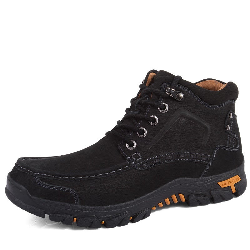 Winter Fleece-Lined Warm Outdoor Casual Cotton-Padded Shoes Sports Mountaineering Shoes High-Top Lace-Up Platform Non-Slip Matte Cowhide - Image 1