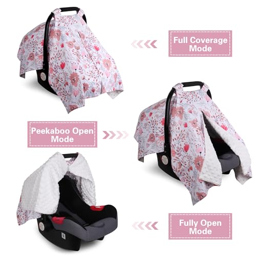 Rquite Car Seat Cover Baby, Carseat Covers Baby Girl, Minky Infant Car Seat Cover Winter, Peekaboo Opening Car Seat Canopy, Multi-use Baby Carrier, Stroller, Nursing Cover, Minky Blanket, Pink Flower - Image 2