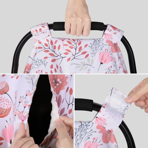 Rquite Car Seat Cover Baby, Carseat Covers Baby Girl, Minky Infant Car Seat Cover Winter, Peekaboo Opening Car Seat Canopy, Multi-use Baby Carrier, Stroller, Nursing Cover, Minky Blanket, Pink Flower - Image 4